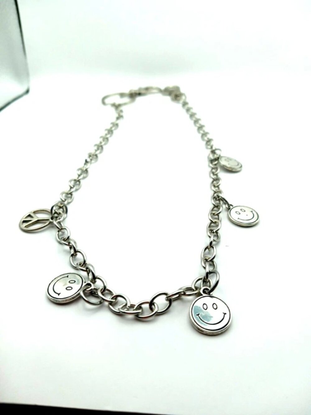 Multi Metal Smiley Face + Peace Sign Pants Or Wallet Chain 17" Silver Tone